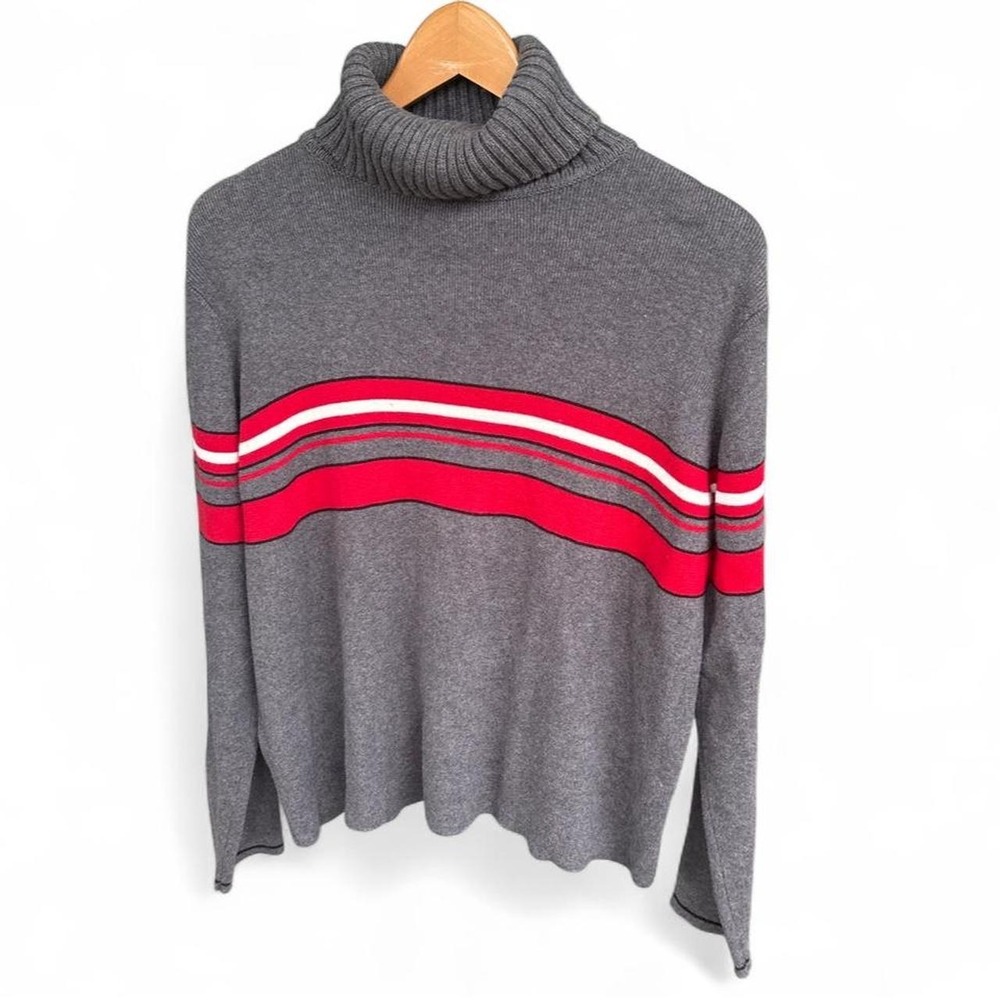 Marsh Landing gray cotton turtleneck sweater w red and white horizontal stripe L